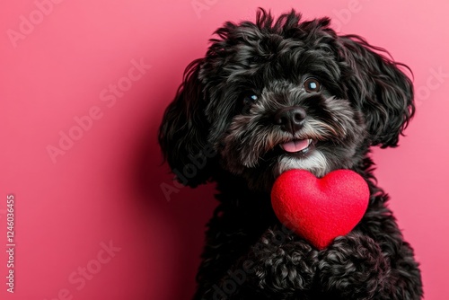 Cute portuguese water dog canine with furry friend toy red heart - emblem of love, funny greeting card. Portuguese water dog - my desired dog. Marketing conceptual art. Love and pet moments. photo