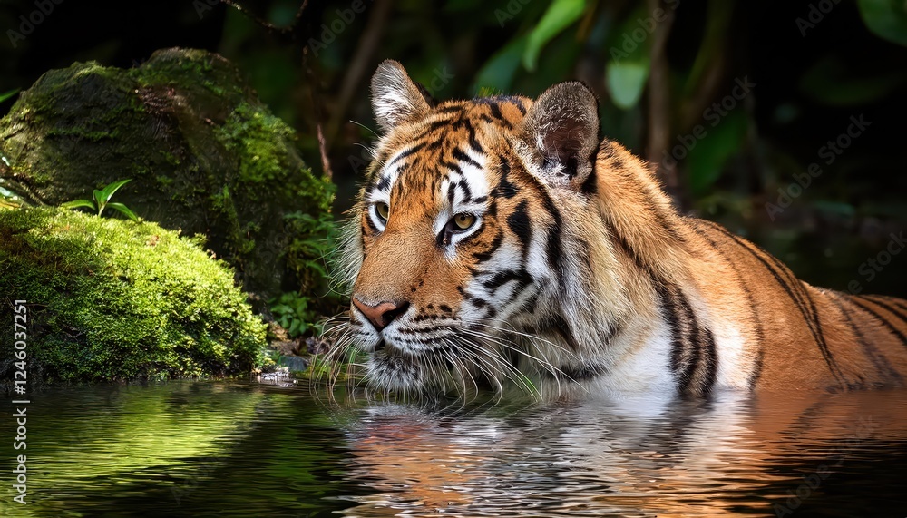 Naklejka premium Majestic Tiger in the Enchanting Forest Pond A Moment of Wildlife Serenity at Dusk, Captured on January th,