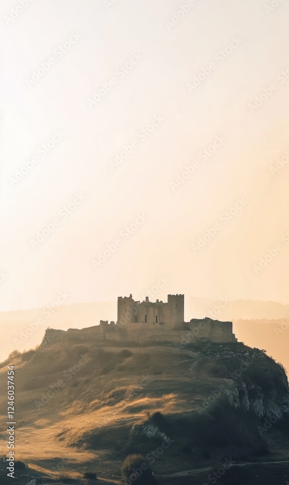 Obraz premium Majestic ancient castle perched on a hilltop during sunset, inviting exploration and stories. Generative AI