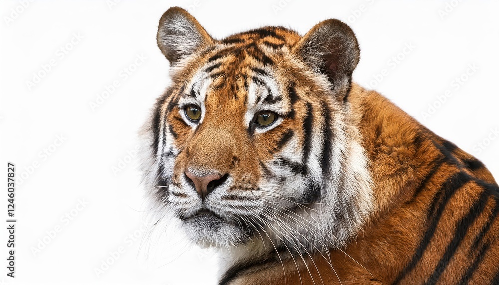 Vivid Royal Bengal Tiger Staring Intently Against a Pure White Background, Showcasing Striking Fur Textures and Eyecatching Markings Vivid Royal Bengal Tiger Staring Intently Against a Pure White Background, Showcasing Striking Fur Textures and Eyecatching Markings