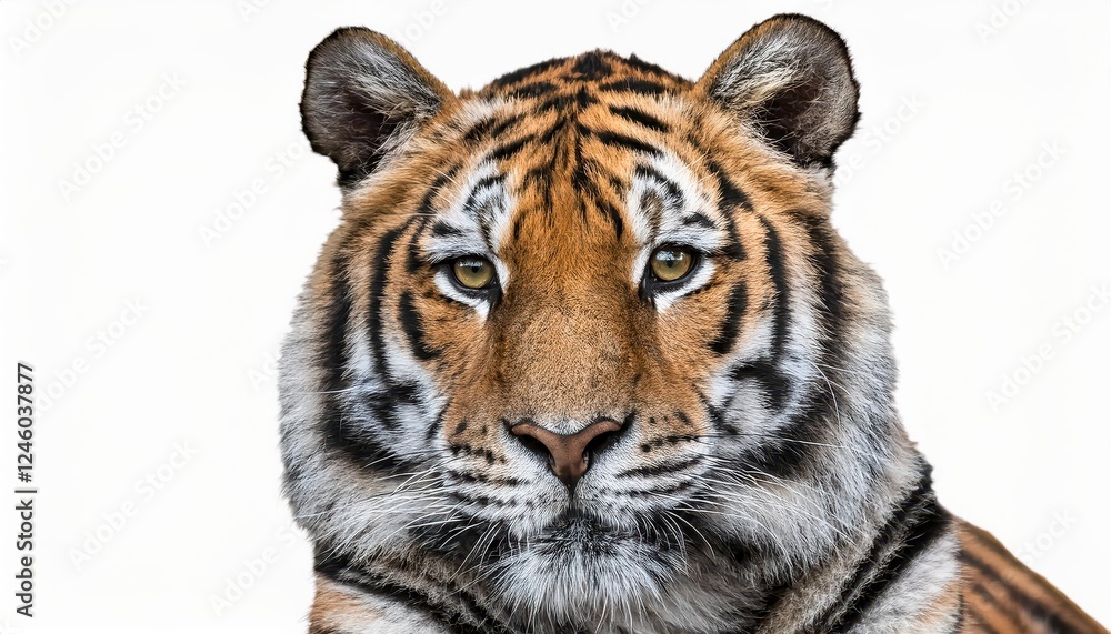 Fototapeta premium Majestic Bengal Tiger Strikes a Pose Against a White Backdrop, Showcasing Its Power and Regality in a Captivating CloseUp