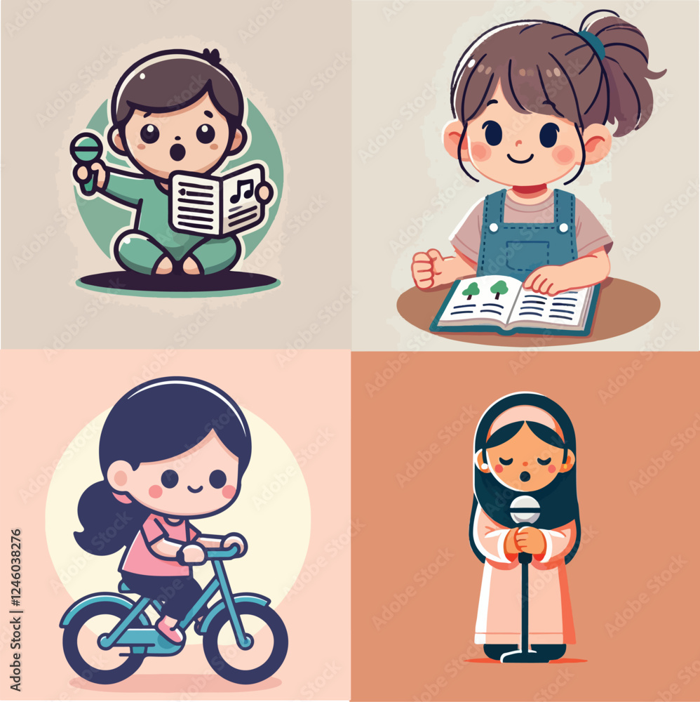 Children's hobbies and activities.School kids singing, riding a bicyle, study. International pupils. Children's hobbies and activities.School kids singing, riding a bicyle, study. International pupils.