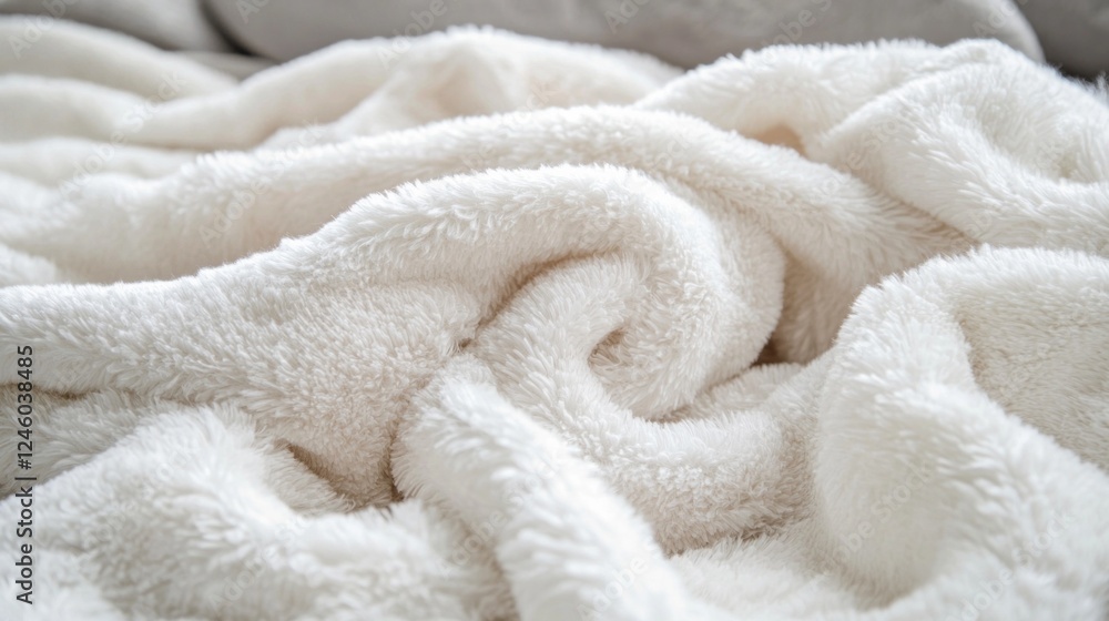 Luxurious white fleece lies in soft, inviting folds, enhancing the tranquil vibe of a cozy indoor setting perfect for relaxation during the cold season Luxurious white fleece lies in soft, inviting folds, enhancing the tranquil vibe of a cozy indoor setting perfect for relaxation during the cold season