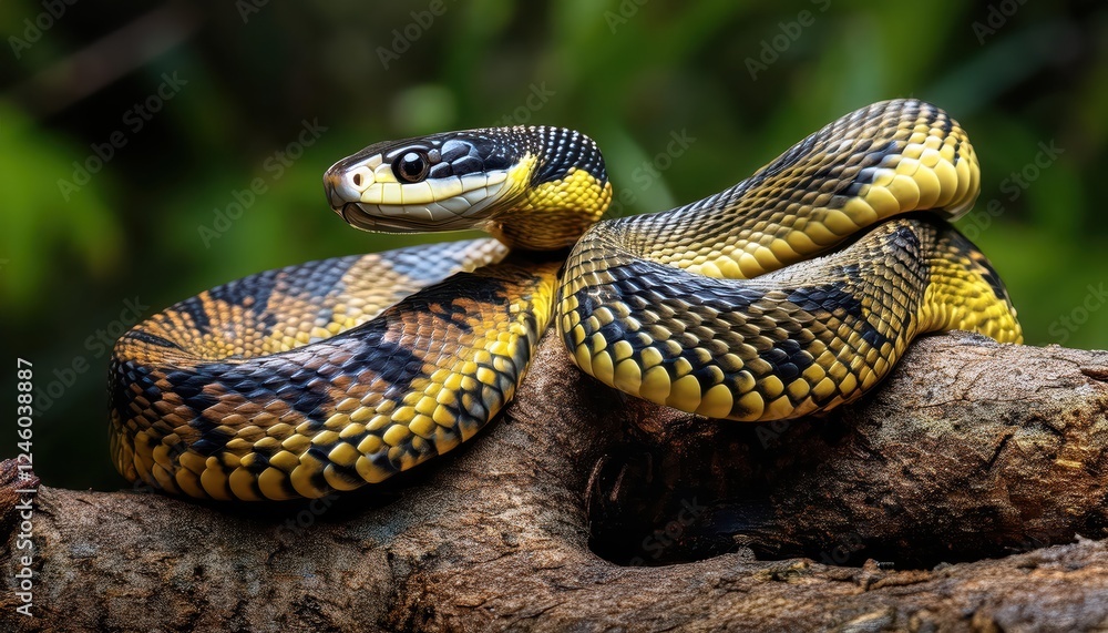 Vivid Portrayal of a Venomous Tiger Snake Notechis scutatus, Sunbathing Amidst the Rugged, Reddish Brown Desert Landscape of Southern Australias Outback. Vivid Portrayal of a Venomous Tiger Snake Notechis scutatus, Sunbathing Amidst the Rugged, Reddish Brown Desert Landscape of Southern Australias Outback.