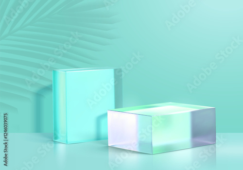 Modern glass display blocks in mint green tones with soft lighting and shadows, designed for elegant product showcasing or minimalist design mockups.