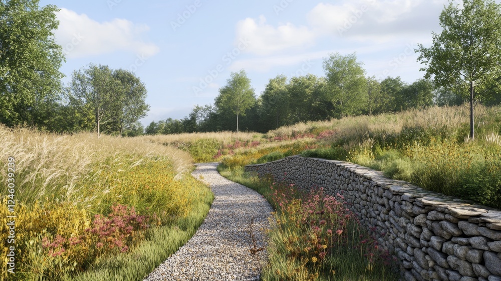 Stunning Countryside Pathway with Vibrant Flora and Stone Wall Stunning Countryside Pathway with Vibrant Flora and Stone Wall