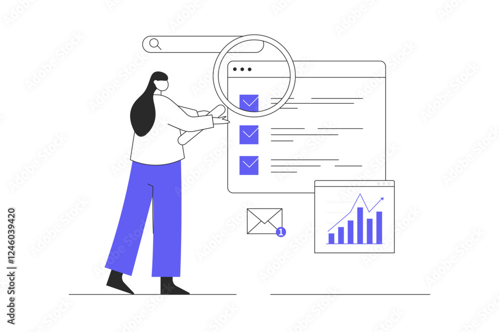 SEO analysis concept. Character Woman settings site for search engines, analyzes statistics of web page, improvement and optimization. Flat Cartoon Vector Illustration, icon. Stylish abstract SEO analysis concept. Character Woman settings site for search engines, analyzes statistics of web page, improvement and optimization. Flat Cartoon Vector Illustration, icon. Stylish abstract