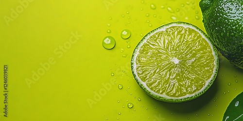 A vibrant lime and a sliced lime half rest on a bright yellow background, glistening with droplets of water, evoking freshness and zest.