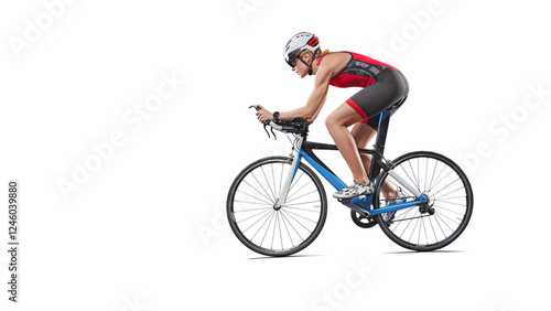 Fototapeta Naklejka Na Ścianę i Meble -  Cyclist in sportswear and sport helmet riding road bike isolated on free png background. Concept of sport, triathlon, competition, tournament, championship and speed.