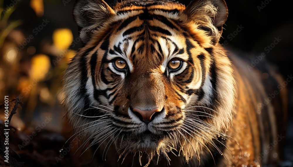 Fototapeta premium Majestic Tiger Strolling Through a Lush Grassy Savannah as Day Transitions to Twilight, Showcasing the Power and Grace of this Wild Beast Among Natures Warm Sunset Hues.