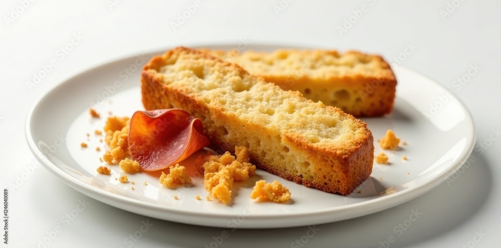 A delectable arrangement of golden-brown biscotti, accompanied by a delicate slice of cured meat and a scattering of crunchy crumbs, artfully presented on a pristine white plate. A delectable arrangement of golden-brown biscotti, accompanied by a delicate slice of cured meat and a scattering of crunchy crumbs, artfully presented on a pristine white plate.