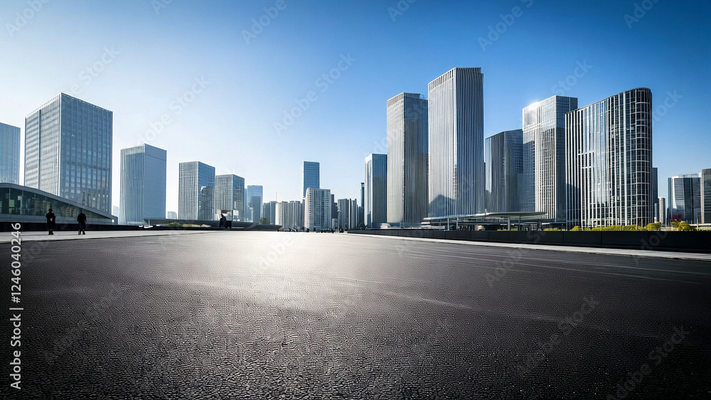 Asphalt square and city skyline with modern architecture day scene Asphalt square and city skyline with modern architecture day scene