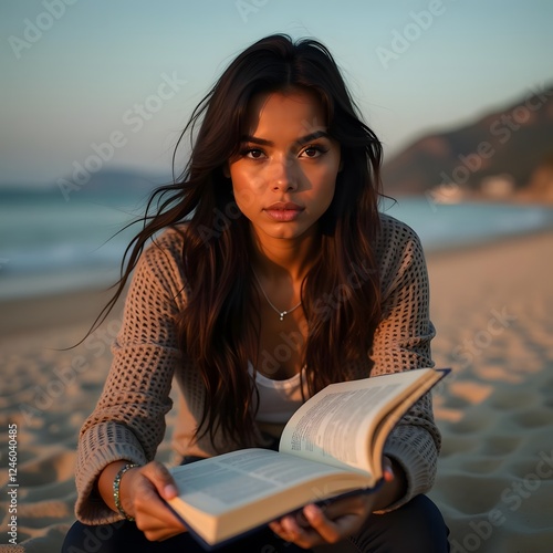 Exploring Heritage: A Thoughtful Native American Woman Delving into Knowledge at the Library, Portrayed with Artistic Shadows on the Beach photo