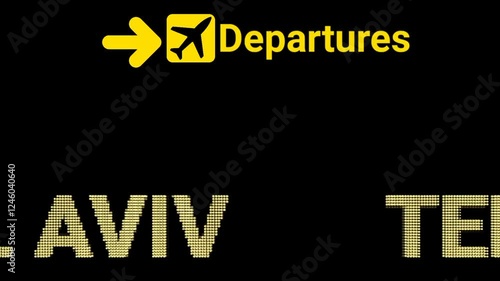 Animated LED Sign Board at TEL AVIV Airport Departures on Black Background with Text. Suitable for flight information videos, airport commercials, travel vlogs, aviation projects, and motion graphics