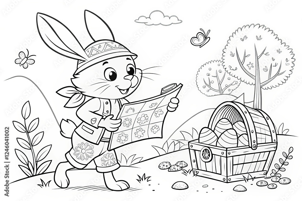 Easter Theme, A cheerful bunny exploring with a map beside a treasure chest. outline for coloring. Easter Theme, A cheerful bunny exploring with a map beside a treasure chest. outline for coloring.