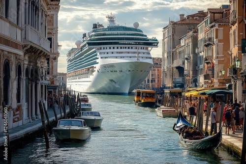 Fototapeta Naklejka Na Ścianę i Meble -  Large cruise ship dwarfs historical city, bustling tourists fill narrow streets near small boats and vendors.