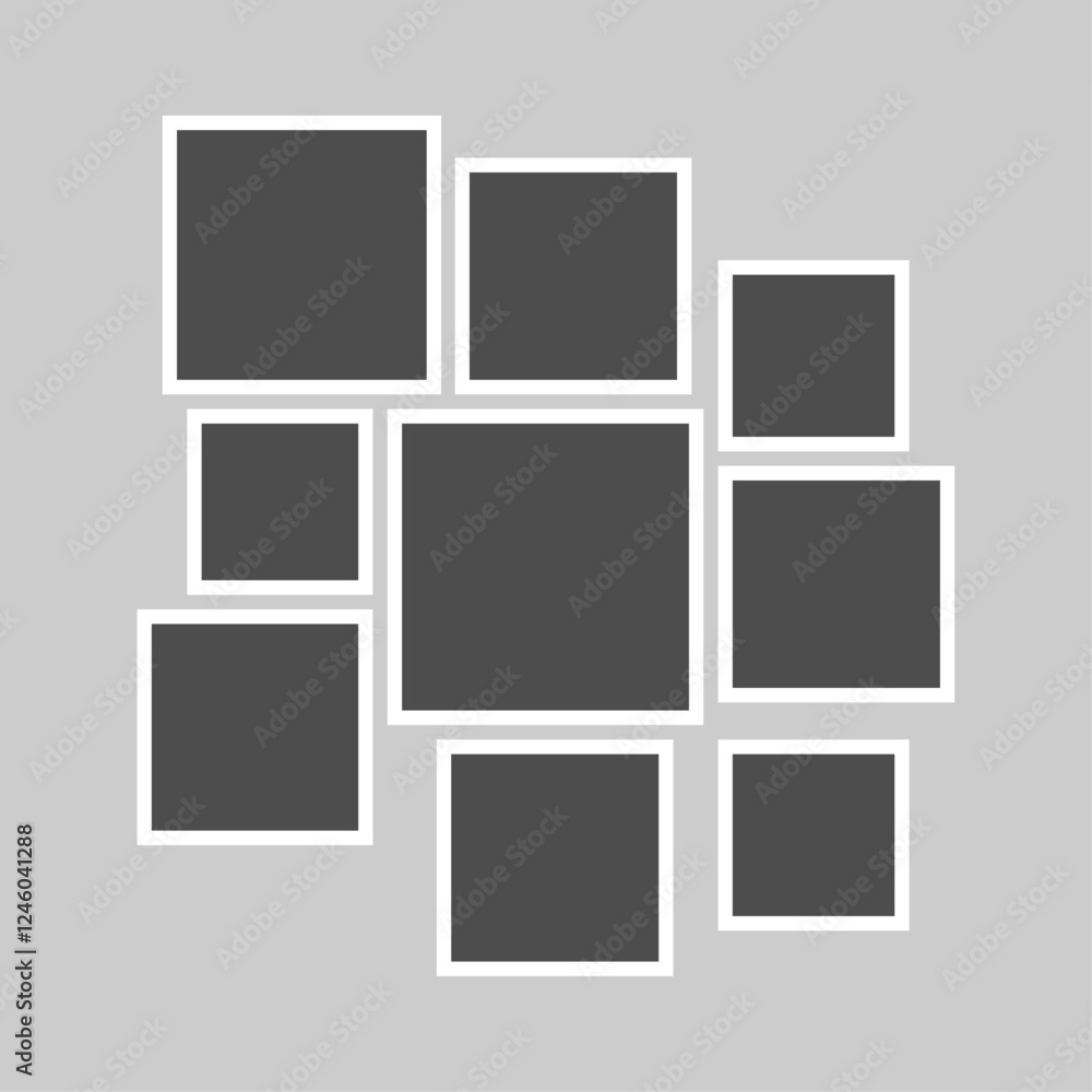Vector grid template with empty photo frames, designed to organize and showcase gallery pictures in a clean, modern layout design Vector grid template with empty photo frames, designed to organize and showcase gallery pictures in a clean, modern layout design