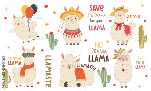 Vector set of flat vector illustrations in a simple children's style. Cute llama in straw hat, flying balloons, wearing Mexican hat and sunglasses, lettering on llamas and cacti. Vector illustration