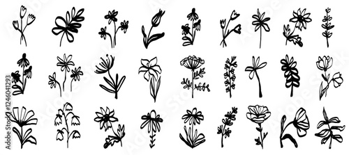 Ink Marker Gouache flowers hand drawn sketches illustrations. Dry brush stroke simple minimalistic floral doodles isolated on white for cosmetics, kid education.