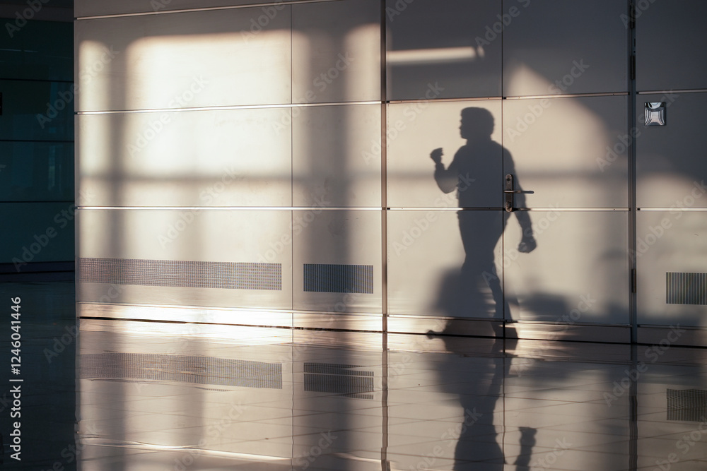 A lone figure's shadow stretches across a textured airport wall, creating an abstract light pattern. This monochrome image encapsulates a moment of anonymity and transition in a contemporary space A lone figure's shadow stretches across a textured airport wall, creating an abstract light pattern. This monochrome image encapsulates a moment of anonymity and transition in a contemporary space