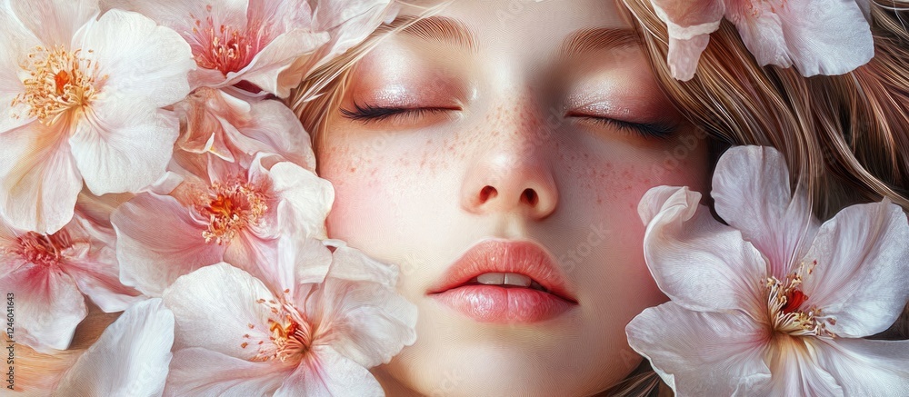 Stunning close-up portrait of a beautiful girl with closed eyes surrounded by soft pink flowers enhancing her delicate features and natural beauty. Stunning close-up portrait of a beautiful girl with closed eyes surrounded by soft pink flowers enhancing her delicate features and natural beauty.