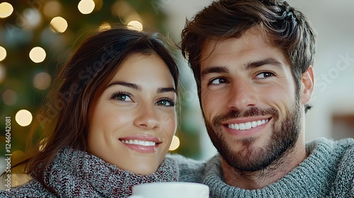 Happy Couple Enjoying Warm Drink by Christmas Tree in Cozy Setting