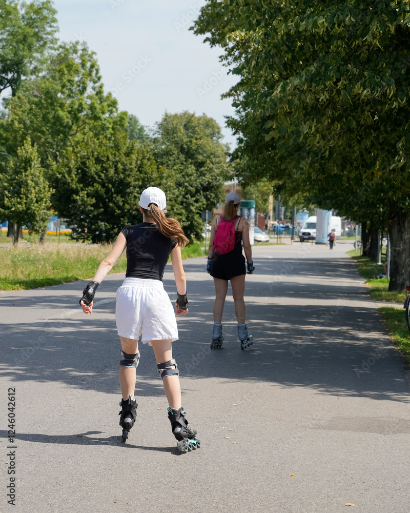 Fototapeta premium Two women roller skating on a tree-lined road path during a sunny summer day. Both skaters are equipped with helmets and knee pads, embracing fitness and outdoor recreation in a picturesque setting