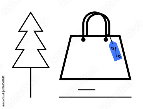 Christmas tree and shopping bag with price tag. Ideal for holiday sales, festive marketing, consumerism, discounts, holiday promotions, shopping themes, and retail. Clean abstract line flat metaphor