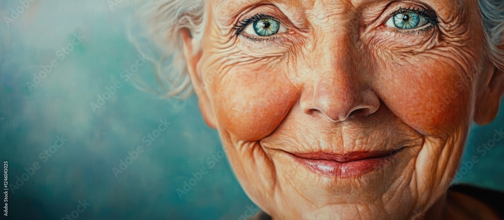 Portrait of a joyful senior woman with bright blue eyes smiling warmly against a soft green and blue background highlighting her resilience and beauty. Portrait of a joyful senior woman with bright blue eyes smiling warmly against a soft green and blue background highlighting her resilience and beauty.