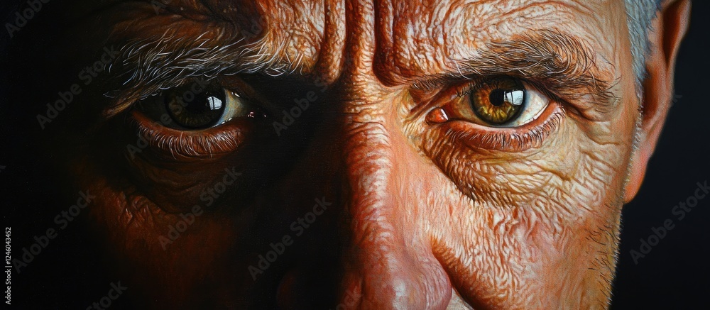 Closeup portrait of an older man with deep-set brown eyes and textured skin conveying sadness against a dark background with dramatic lighting. Closeup portrait of an older man with deep-set brown eyes and textured skin conveying sadness against a dark background with dramatic lighting.