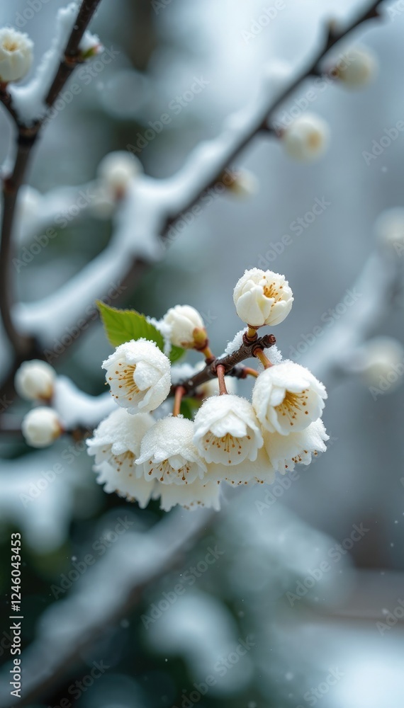 Snow-covered viburnum branches with delicate white buds, tree, green branches, snow covered viburnum Snow-covered viburnum branches with delicate white buds, tree, green branches, snow covered viburnum