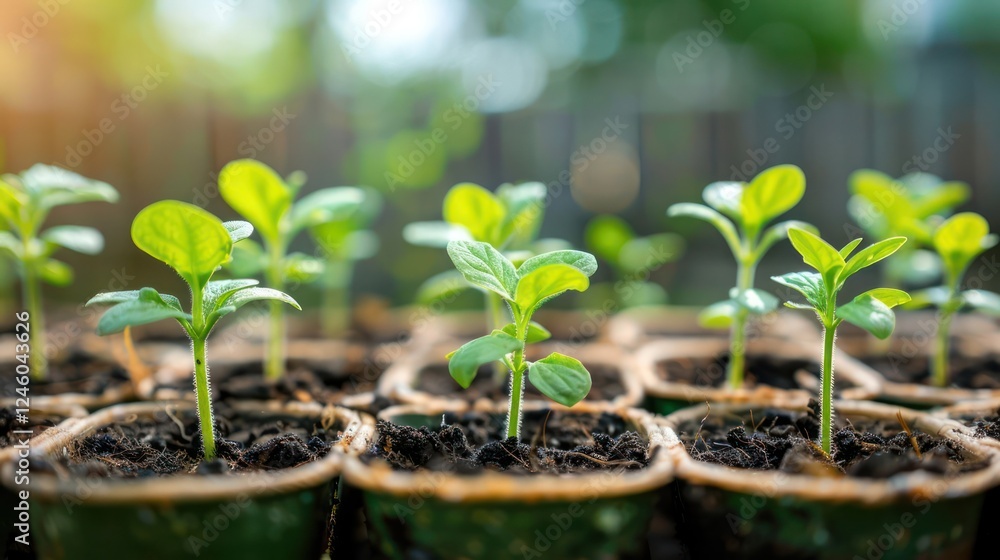 Close-up view of young plants growing in biodegradable pots under natural sunlight Close-up view of young plants growing in biodegradable pots under natural sunlight