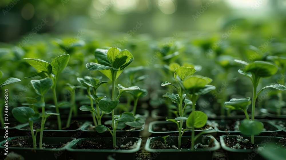 Lush green seedlings thriving in a greenhouse, surrounded by soft natural light and blurred foliage Lush green seedlings thriving in a greenhouse, surrounded by soft natural light and blurred foliage