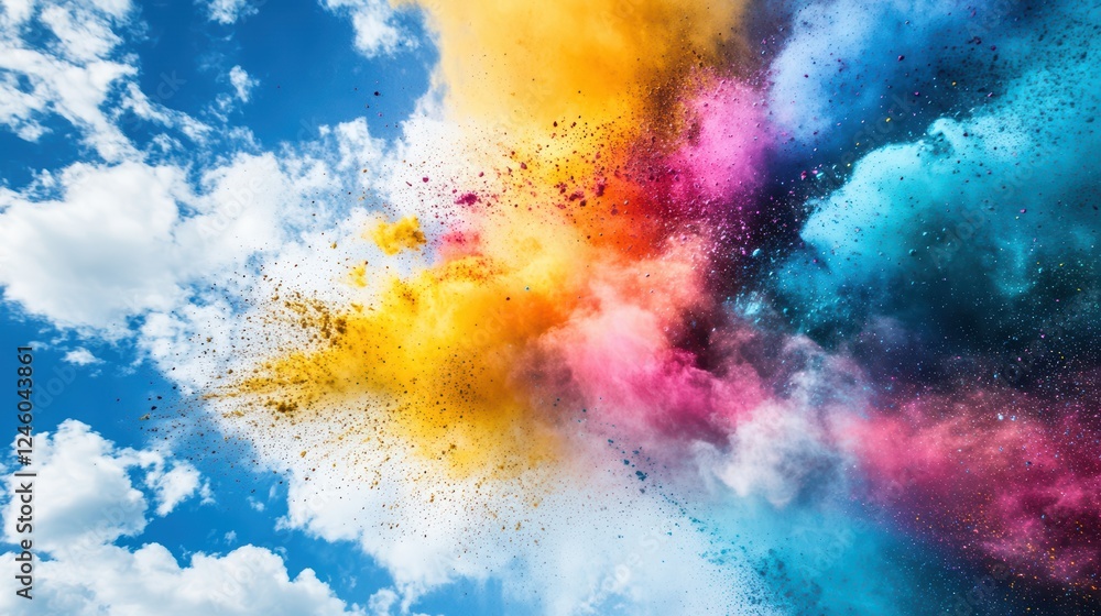 Fototapeta premium Holi Festival colored powders thrown into the air against the blue sky