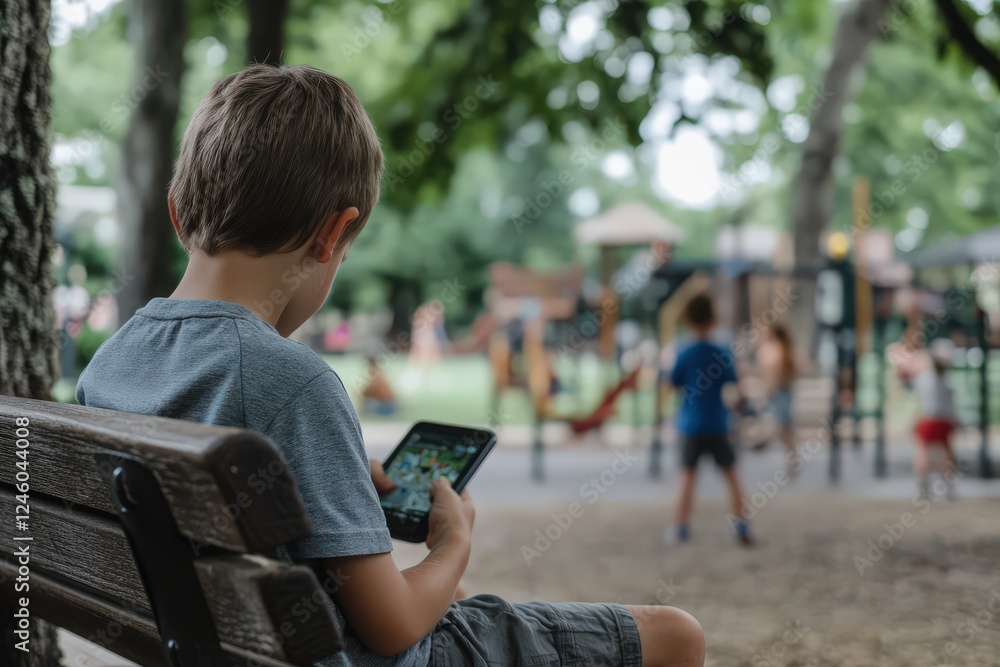 Fototapeta premium A child sitting on a park bench, engrossed in a mobile device while other kids play outside, highlighting disconnection from nature.
