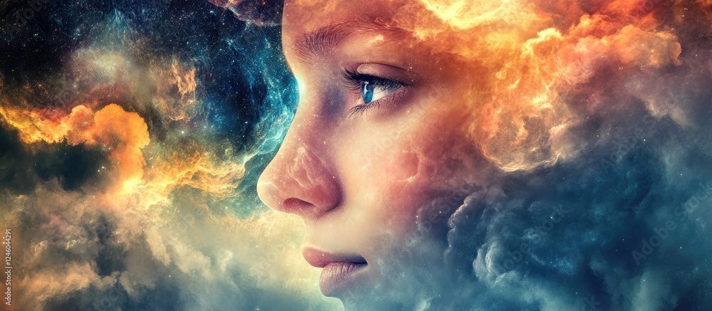 Dreamy portrait of a child's profile against a cosmic background featuring vibrant orange, blue, and purple hues with swirling clouds and stars. Dreamy portrait of a child's profile against a cosmic background featuring vibrant orange, blue, and purple hues with swirling clouds and stars.