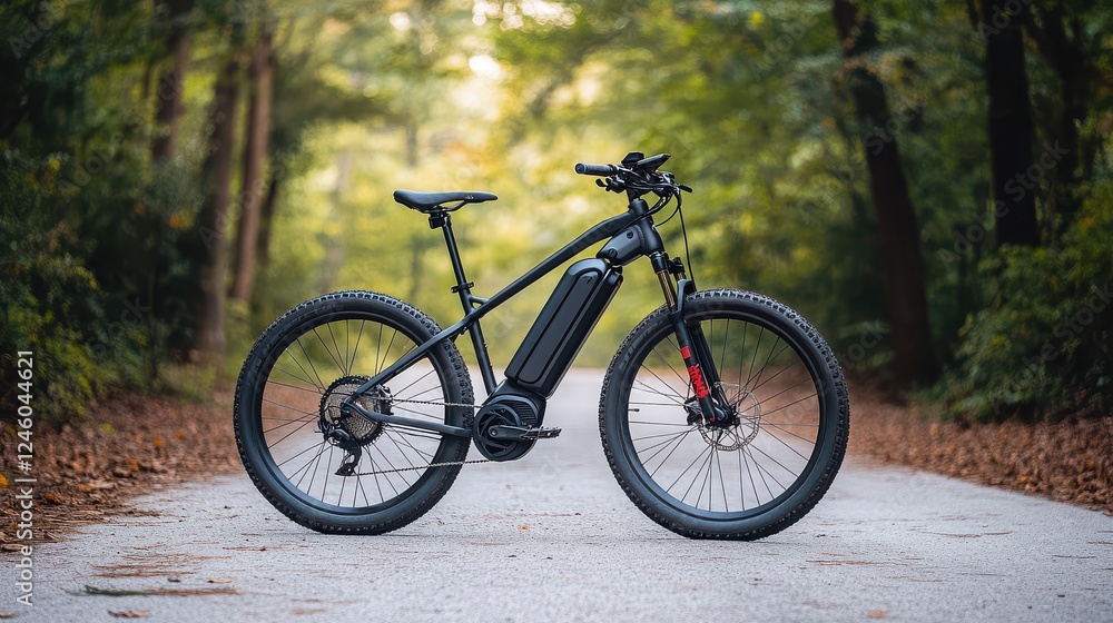 Black Electric Mountain Bike on a Scenic Forest Pathway Black Electric Mountain Bike on a Scenic Forest Pathway