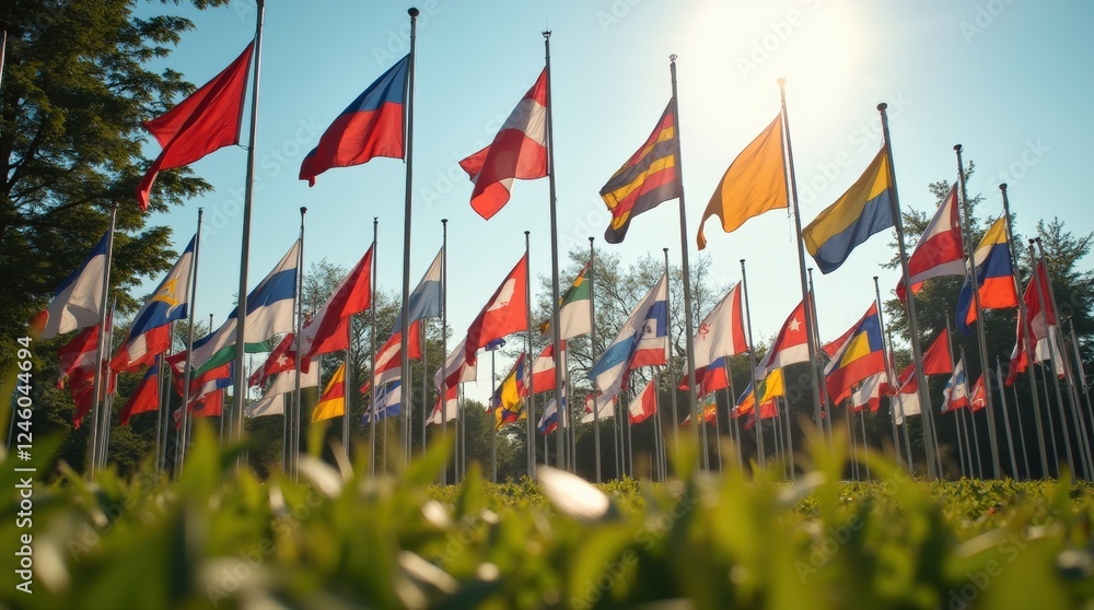 A vibrant display of flags from various countries fluttering in the wind A vibrant display of flags from various countries fluttering in the wind
