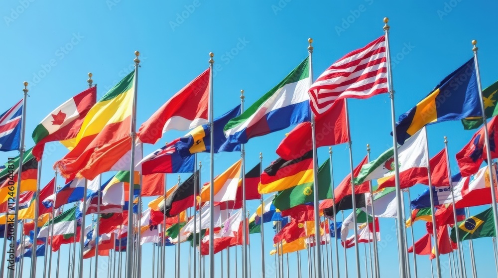 A vibrant display of flags from various countries fluttering in the wind