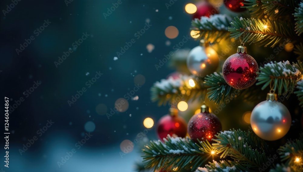 Snowflakes fall gently on a Christmas tree decorated with sparkling lights and ornaments, ornaments, festive, holiday Snowflakes fall gently on a Christmas tree decorated with sparkling lights and ornaments, ornaments, festive, holiday