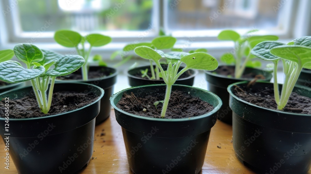 Young seedlings growing in pots on a windowsill with sunlight filtering through Young seedlings growing in pots on a windowsill with sunlight filtering through