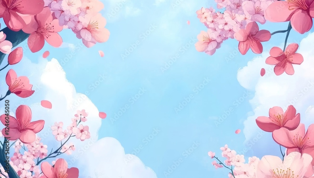 Pink cherry blossoms frame blue sky; spring banner Pink cherry blossoms frame blue sky; spring banner
