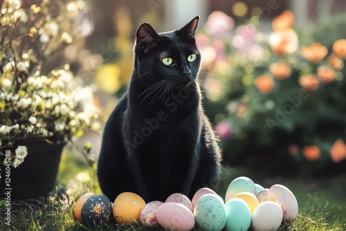 Black Cat with Easter Eggs in a Spring Garden – Festive Holiday Scene