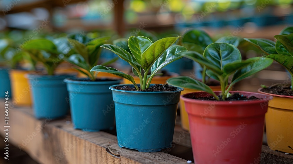 Vibrant potted plants arranged on wooden shelves in a greenhouse with bright natural light Vibrant potted plants arranged on wooden shelves in a greenhouse with bright natural light