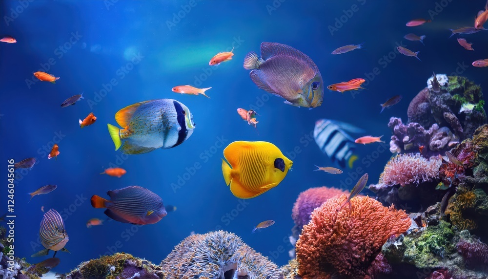 Naklejka premium Vivid Tropical Underwater Paradise Vibrant Coral Reef Teeming with Exotic Fishes amidst a Kaleidoscope of Colors and Textures.