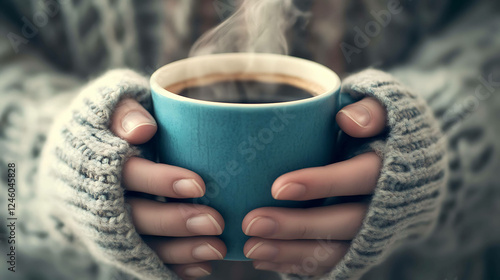 A pair of hands holding a steaming mug of coffee, the person wearing a soft woolen cardigan
