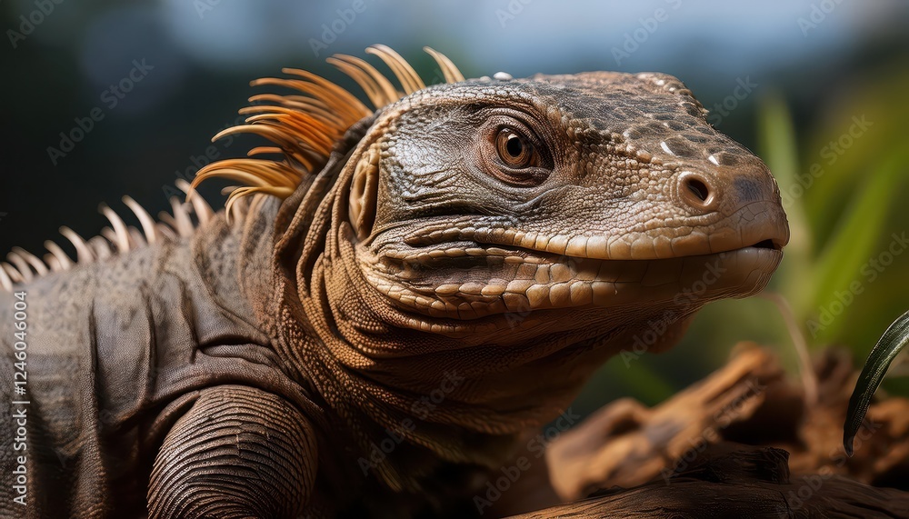 Obraz premium Majestic Tuatara Basking in the Soft Glow of a New Zealand Twilight, Silhouetted against a Sea of Golden Grasses, Vibrant Eyes Glistening amidst an Aura of Mystery.