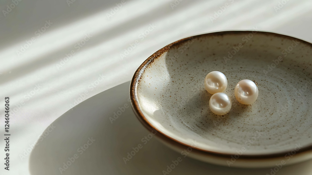 A set of pearl earrings on a minimalist ceramic plate A set of pearl earrings on a minimalist ceramic plate
