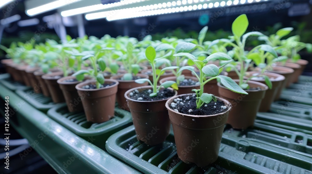 Close-up view of young seedlings in small pots under grow lights in a greenhouse setting Close-up view of young seedlings in small pots under grow lights in a greenhouse setting