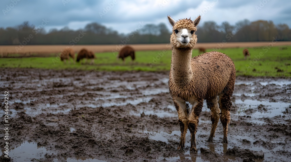 An alpaca with mud smeared across its legs and belly, looking curiously at the camera. The scene takes place in a muddy pasture with other alpacas grazing in the background. The muddy ground is An alpaca with mud smeared across its legs and belly, looking curiously at the camera. The scene takes place in a muddy pasture with other alpacas grazing in the background. The muddy ground is
